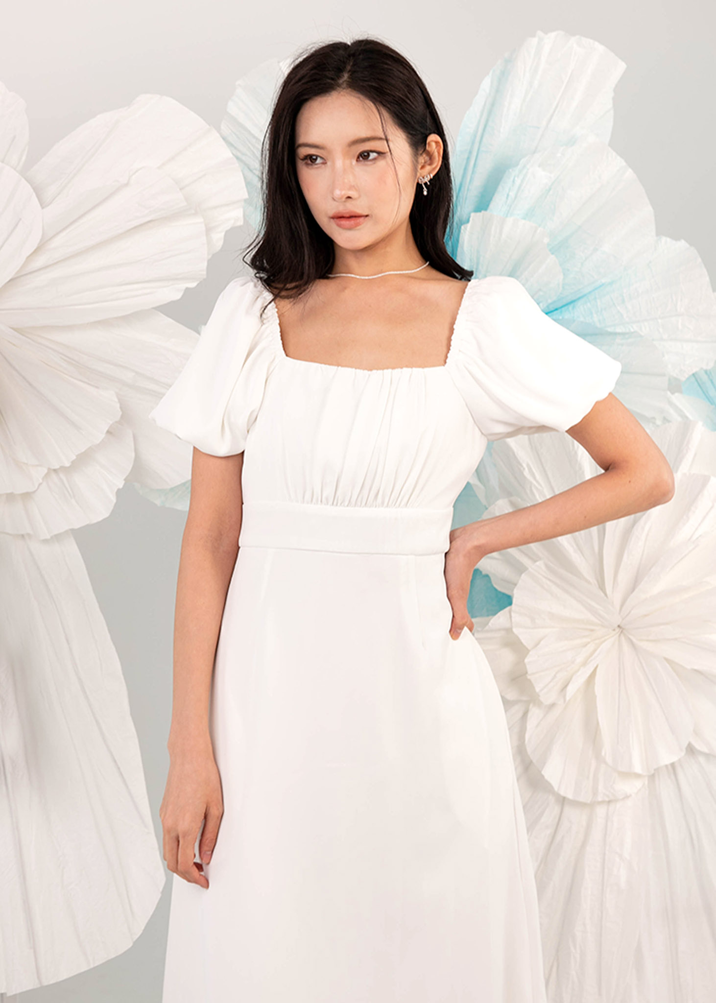 Camellia Puffy Sleeve Midi Dress in White