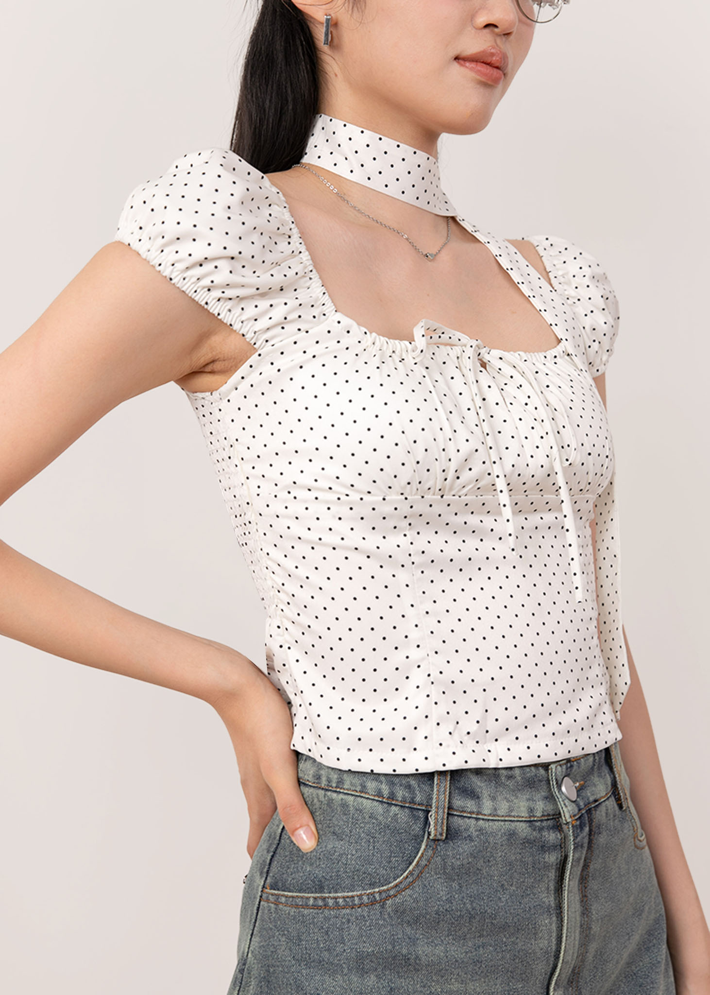 Kya Polkadots Cap Sleeve Top in White 