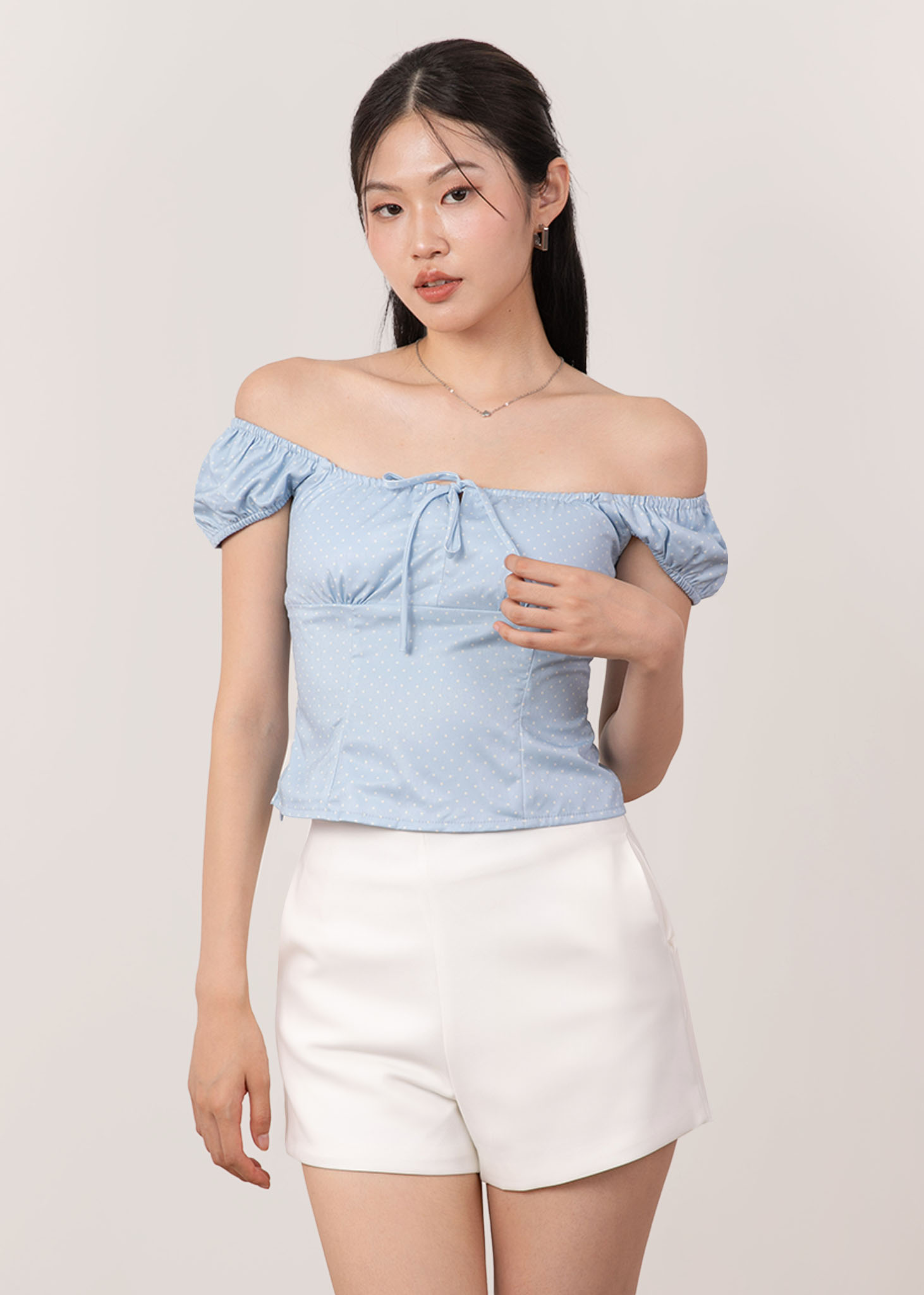 Kya Polkadots Cap Sleeve Top in Sky Blue