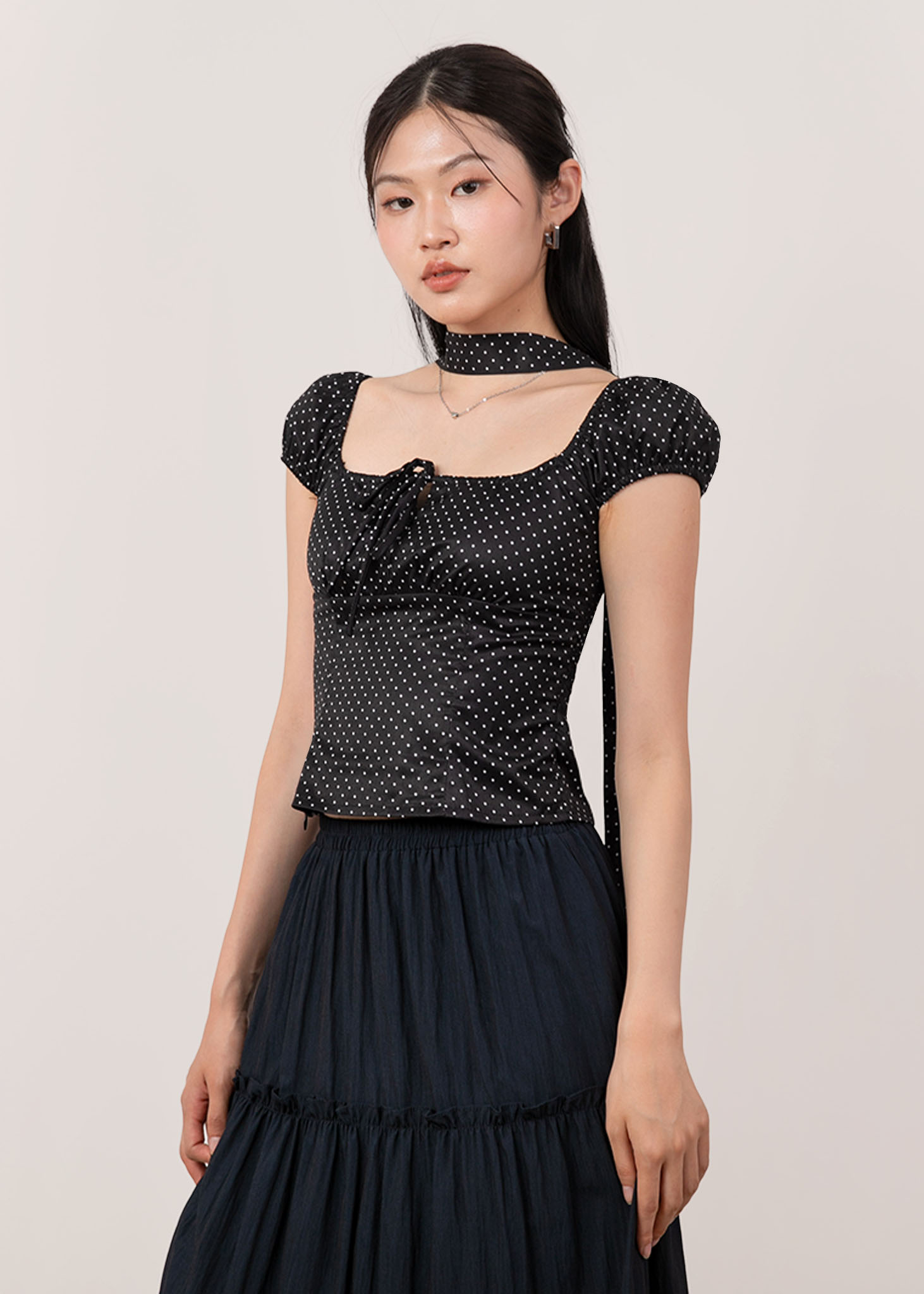 Kya Polkadots Cap Sleeve Top in Black