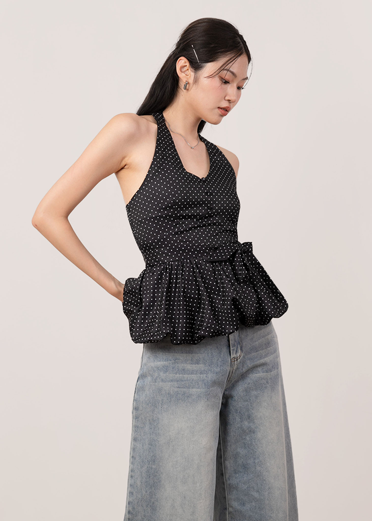 Orella Polkadots Halter Bubble Top in Black Polkadot