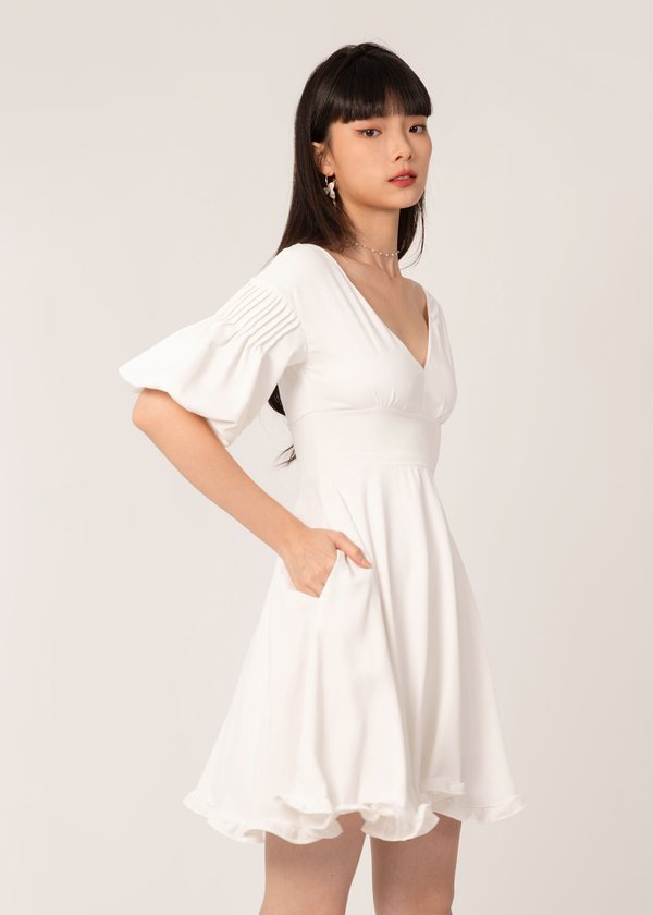 Ariel Bubble Sleeve Dress in White 