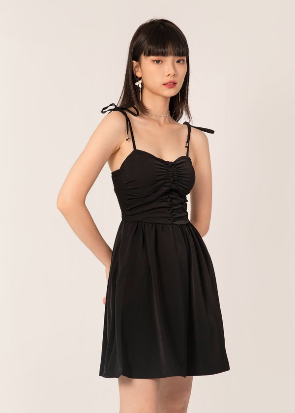 GIA Ruched Mini Tie String Dress in Black