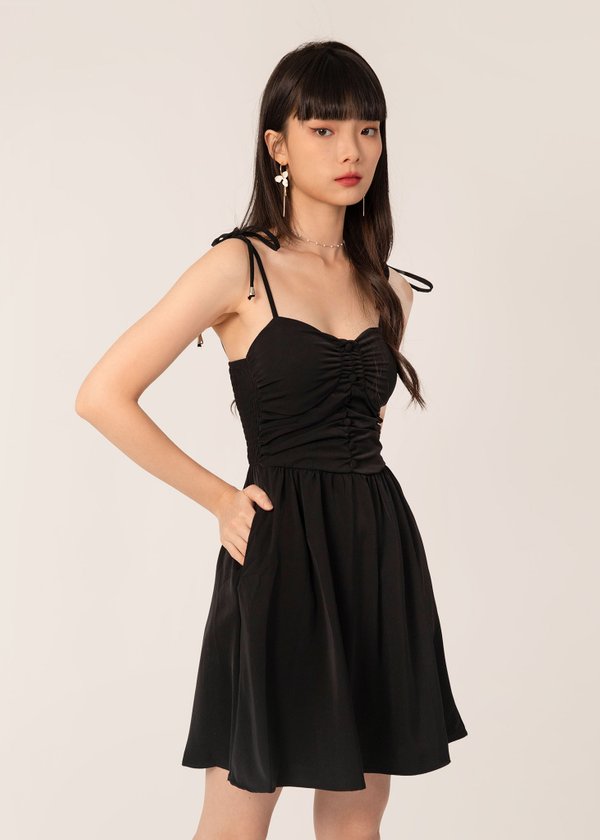 GIA Ruched Mini Tie String Dress in Black