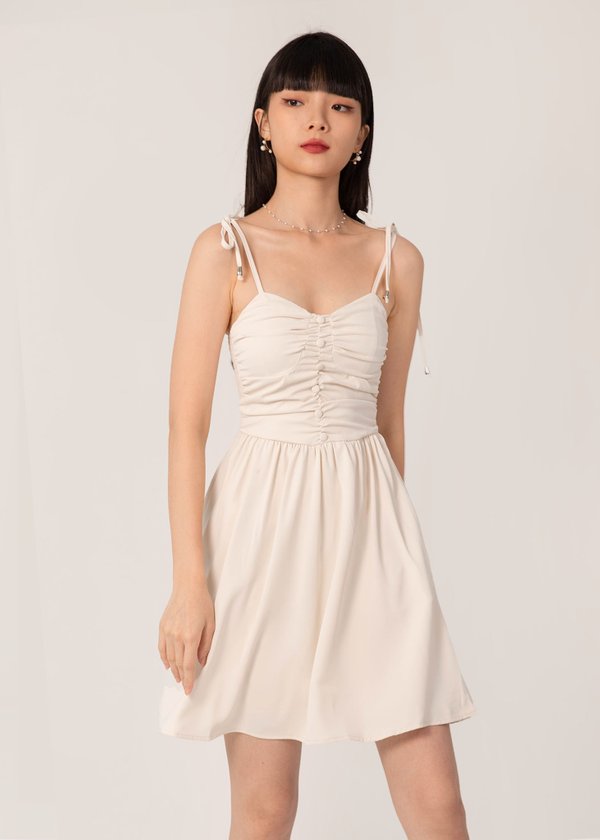 GIA Ruched Mini Tie String Dress in Cream