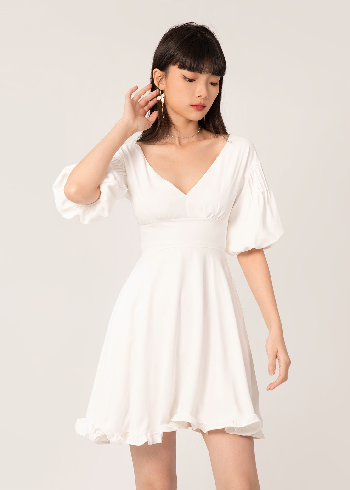 Ariel Bubble Sleeve Dress in White | 6STYLE