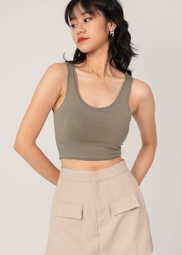 Comfiest Days Scoop Padded Top In Olive Sage