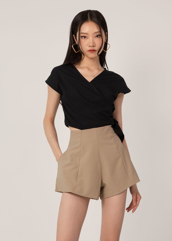 Over The Border Linen Flare Shorts in Sand