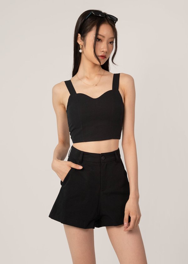 Her Vibes Linen Sweetheart Padded Top in Black