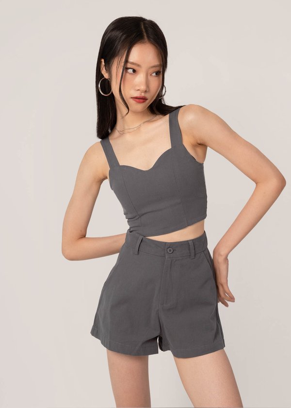 Her Vibes Linen Sweetheart Padded Top in Stone Grey