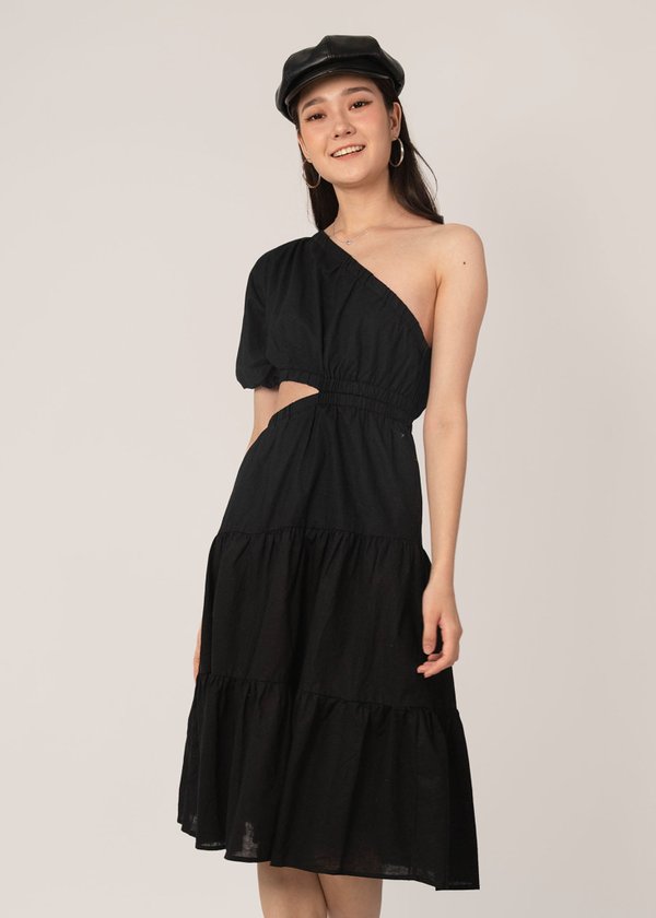 Runway Romance Linen Toga Midi Dress in Black
