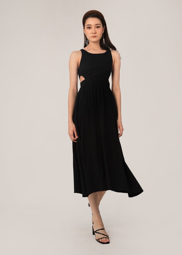 Your Highness Linen Cut Out Midi Dress in Black