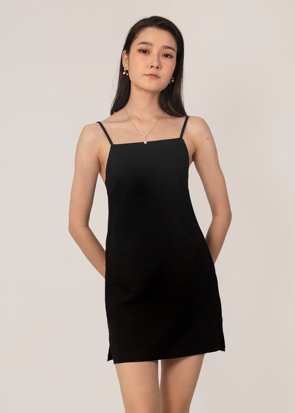 Simple Happiness Linen Slit Dress in Black