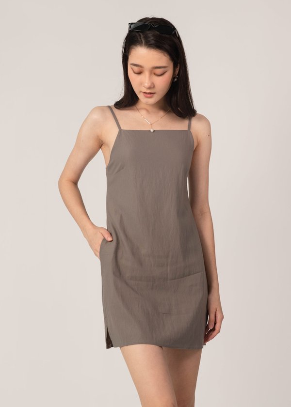 Simple Happiness Linen Slit Dress in Etoupe