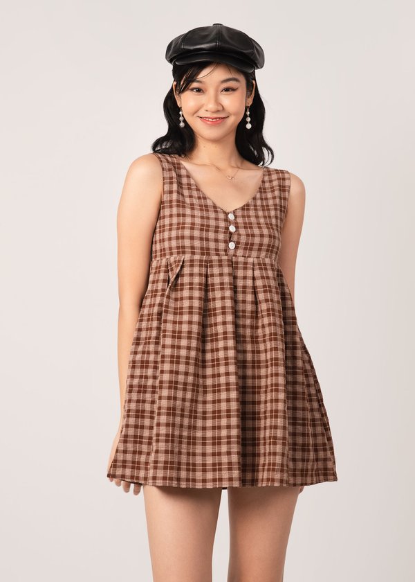 Envy You Checkered Babydoll Dress in Brown
