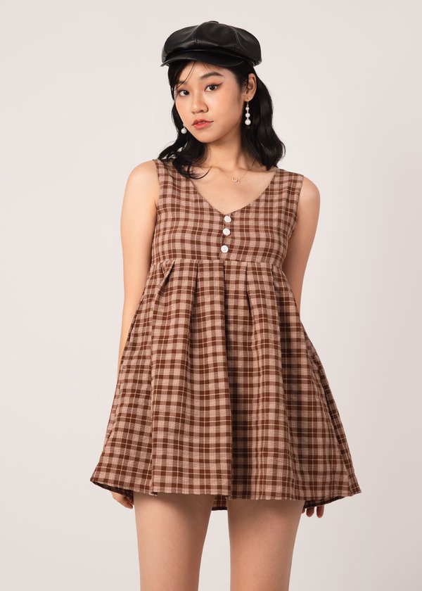 Envy You Checkered Babydoll Dress in Brown (Petite)