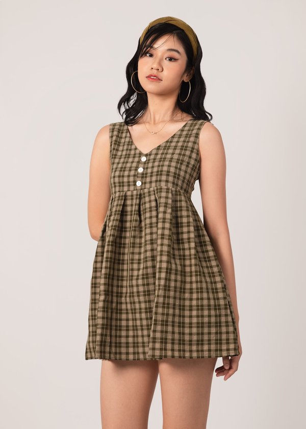 Envy You Checkered Babydoll Dress in Green (Petite)