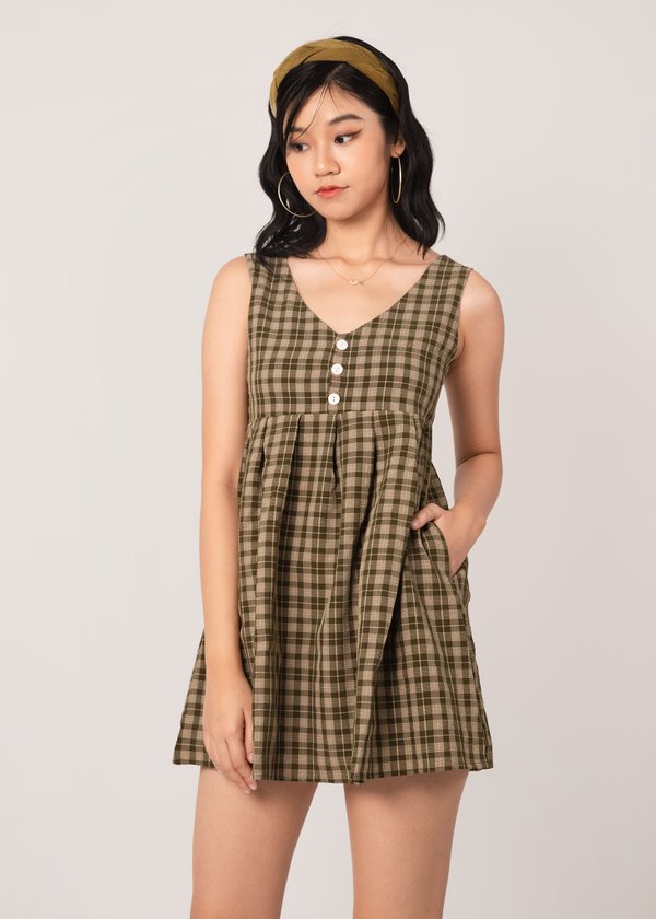 Envy You Checkered Babydoll Dress in Green (Petite)
