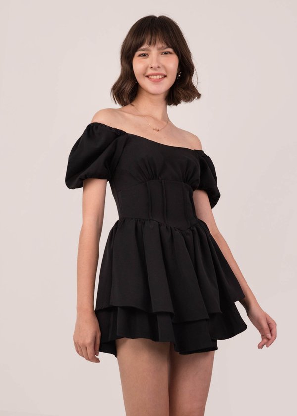 Love Story Puffy Sleeves Corset Playsuit in Black