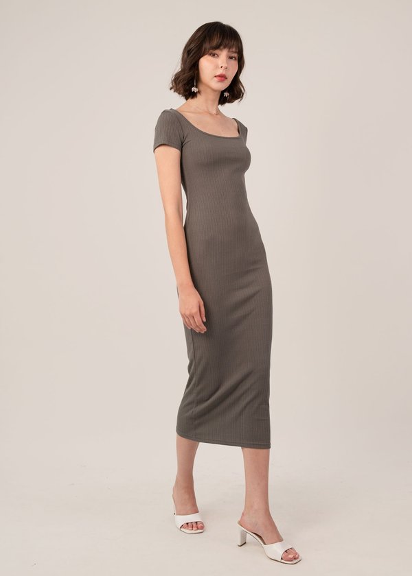 Last Touch Ribbed Midi Dress in Olive Grey