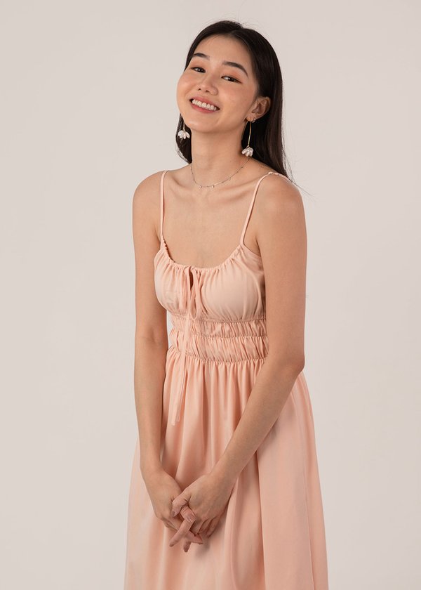 Ruched to Perfection Midi Dress in Peach Pink