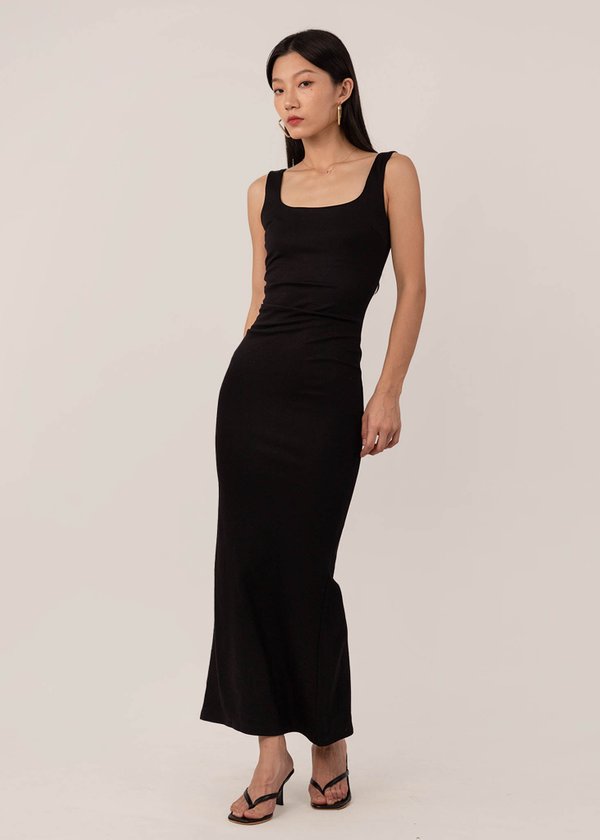 Majestic Low Back Ruched Dress in Black