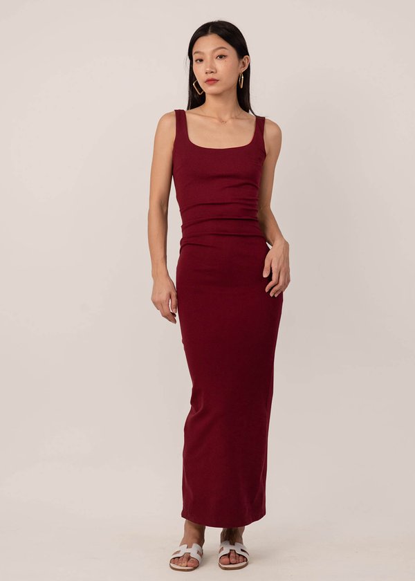 Majestic Low Back Ruched Dress in Wine Red