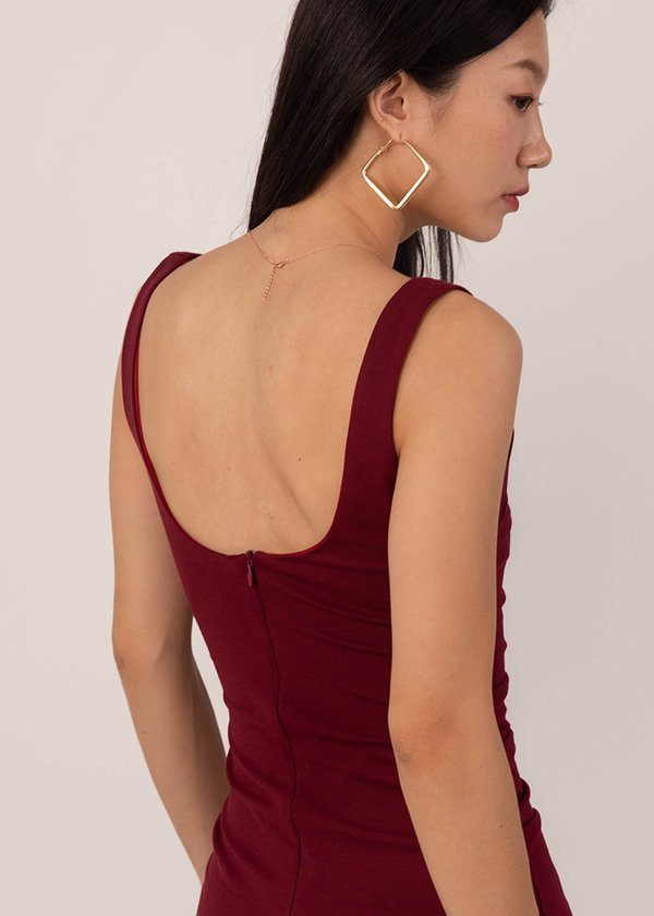Majestic Low Back Ruched Dress in Wine Red