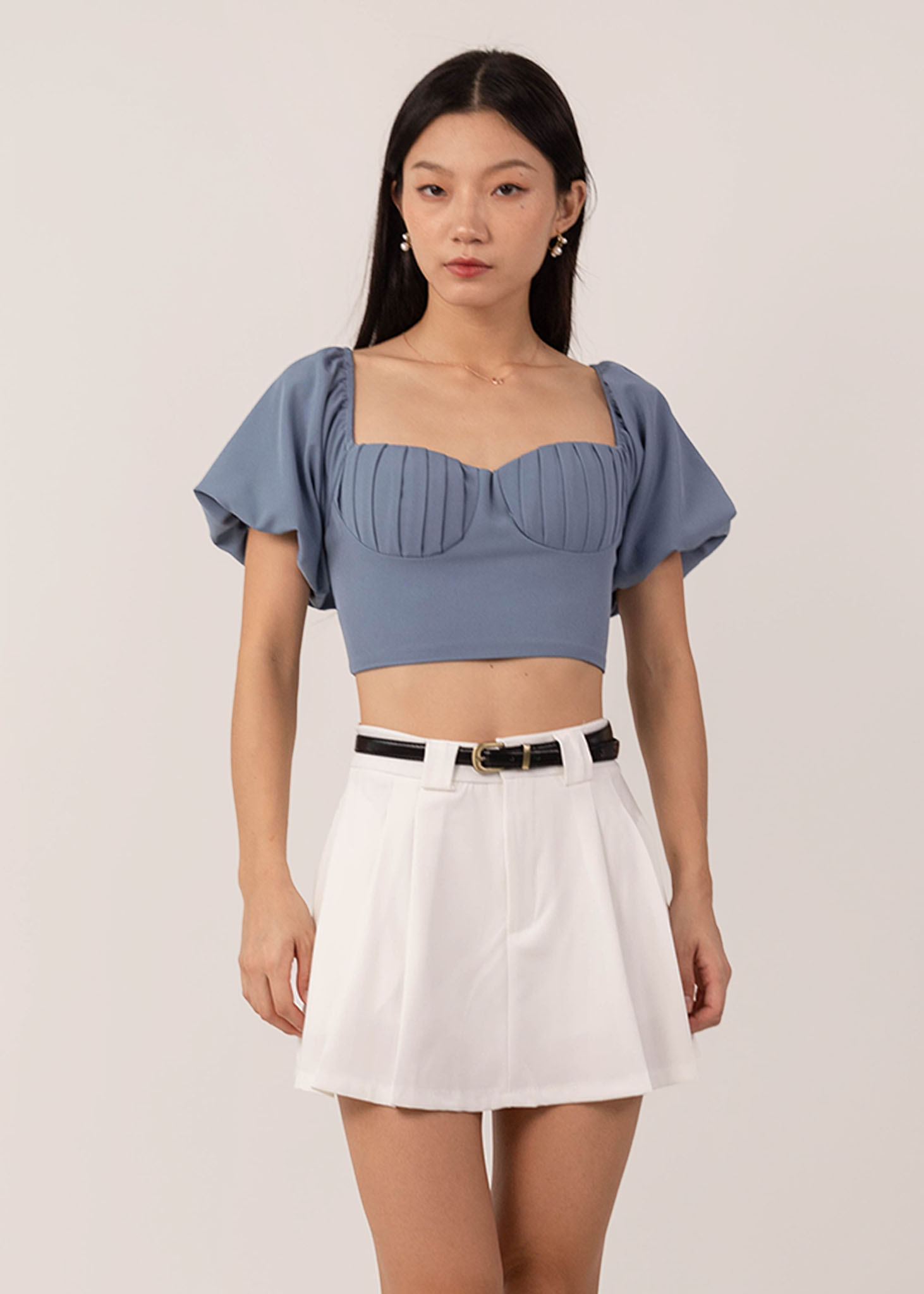 Spectrum Puffy Pleated Top in Denim Blue | 6STYLE