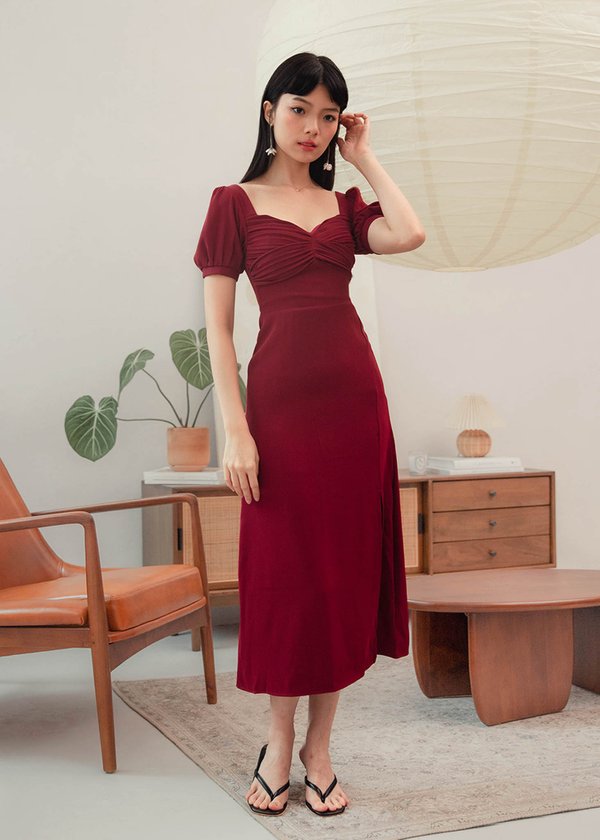 Whispering Ruched Midi Dress in Dark Red