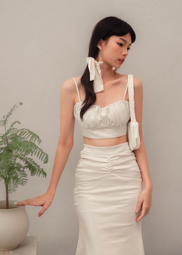 Aurora Satin Ruched Top in Pearl White 
