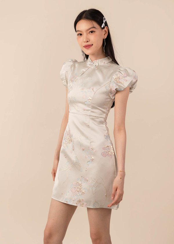 Blessings Puffy Sleeves Mini Qi Pao Dress in Silver Mint 