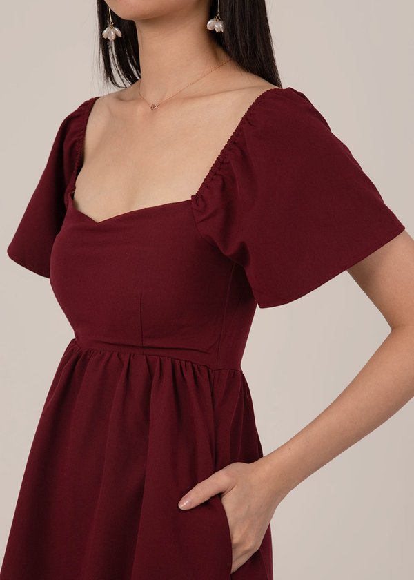Radiant Lace Trimming Flutter Dress in Wine Red 