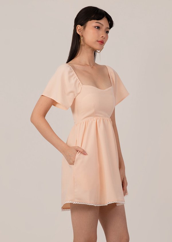 Radiant Lace Trimming Flutter Dress in Peach Pink