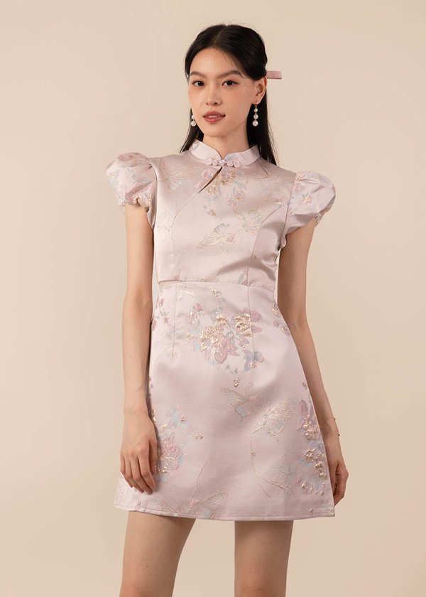 Blessings Puffy Sleeves Mini Qi Pao Dress in Pink