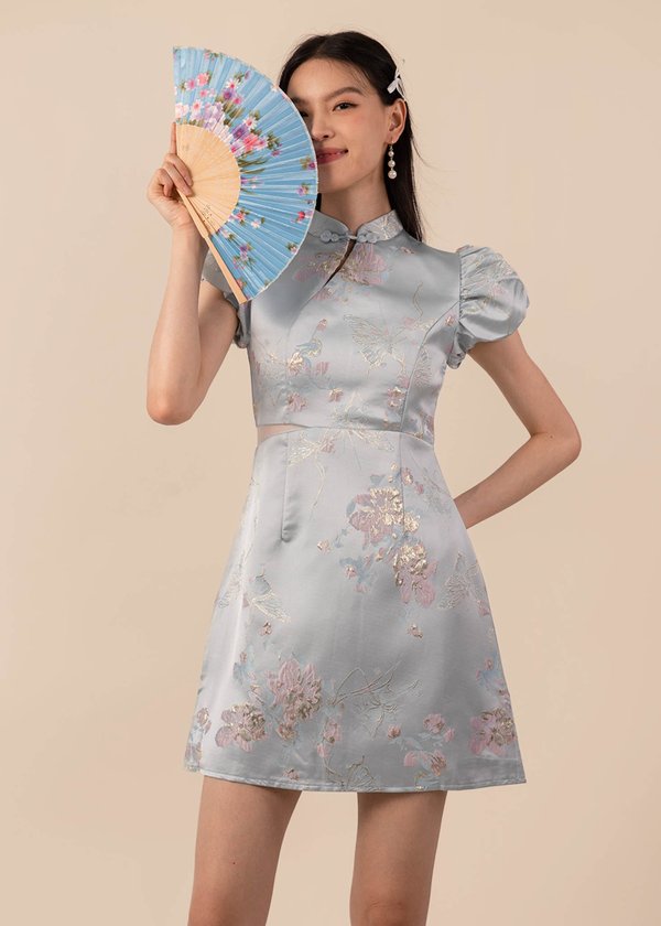 Blessings Puffy Sleeves Mini Qi Pao Dress in Blue