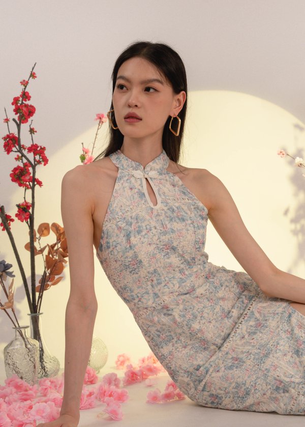 Dynasty Midi Slit Qi Pao Dress in Blue