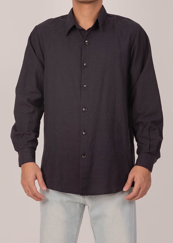 (MEN'S) Crisp Linen Collar Shirt in Navy (Regular Length)