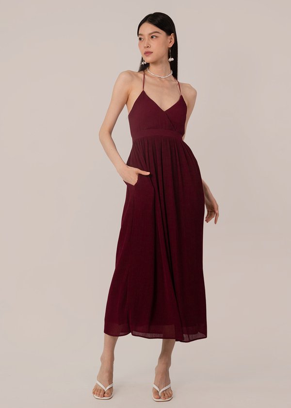 Amethyst Pleated Dress in Wine Red