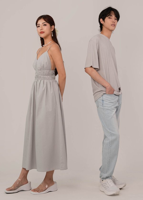 Pearl Petal Ruched Dress in Neutral Grey