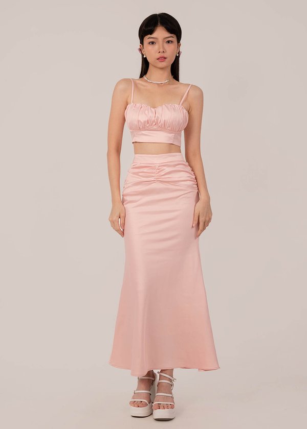 Aurora Satin Ruched Skirt in Blossom Pink
