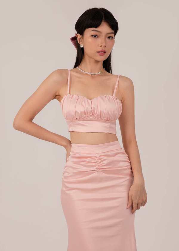 Aurora Satin Ruched Top in Blossom Pink