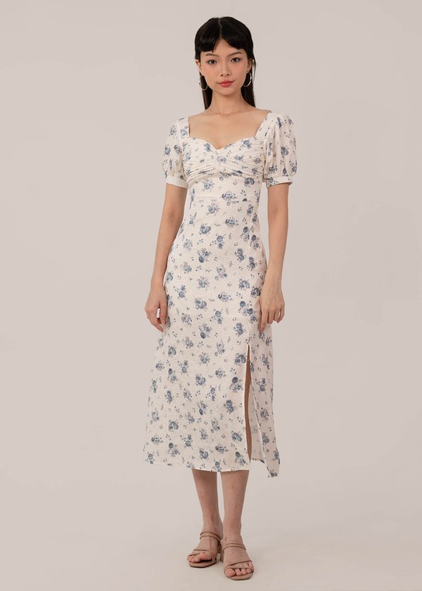 Whispering Ruched Midi Dress in Florals