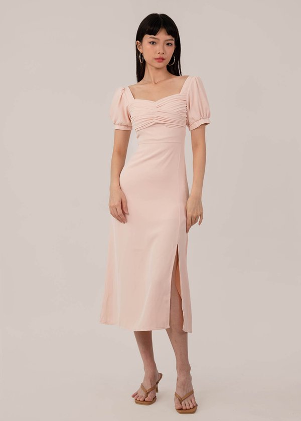Whispering Ruched Midi Dress in Soft Pink