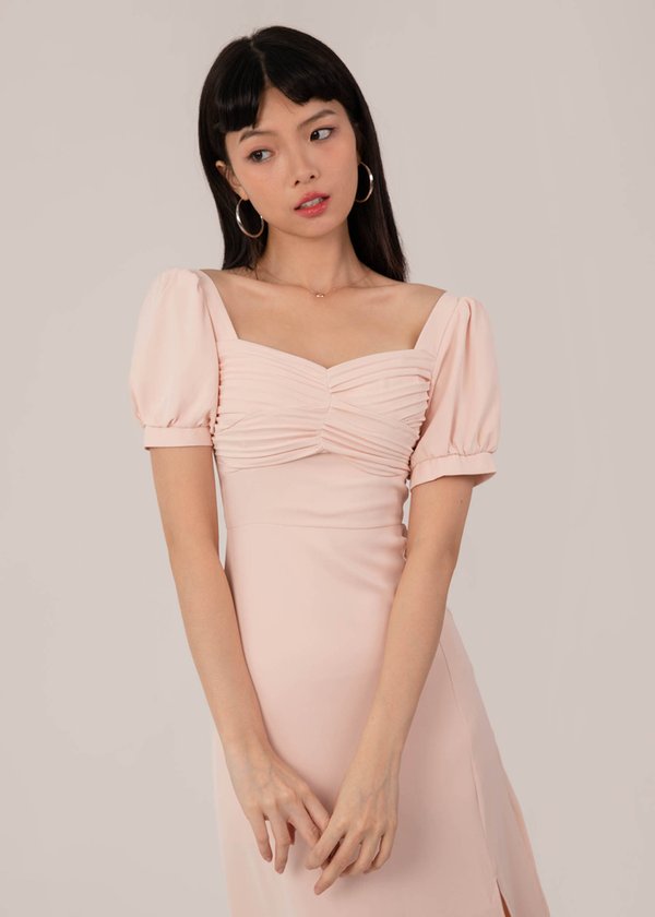 Whispering Ruched Midi Dress in Soft Pink
