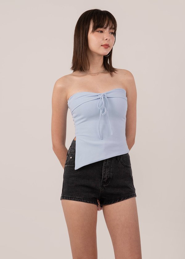 Bow Embrace Ribbon Asymmetrical Top in Baby Blue