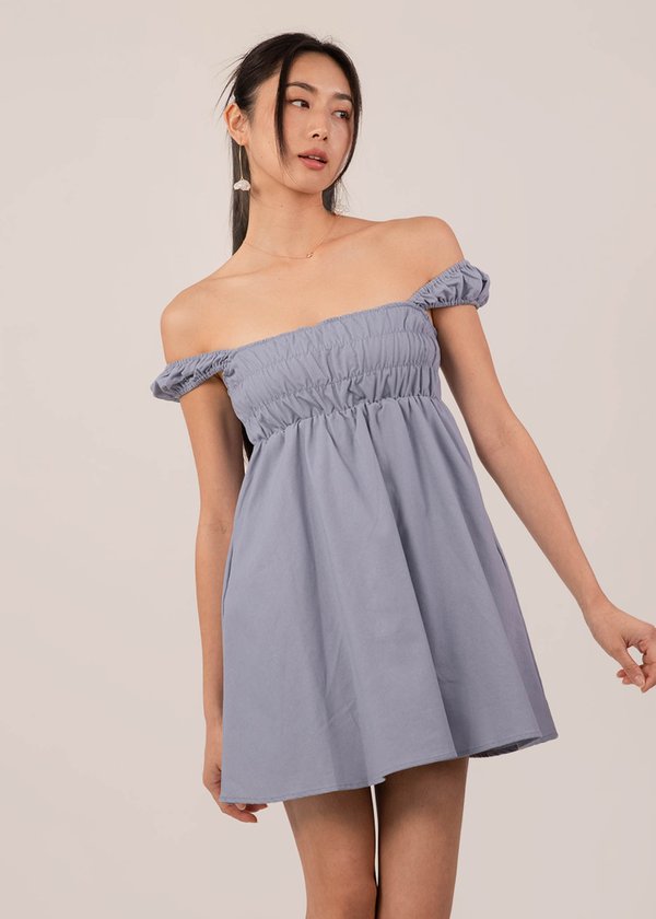 Princess Ruched Dress in Dusty Blue V2
