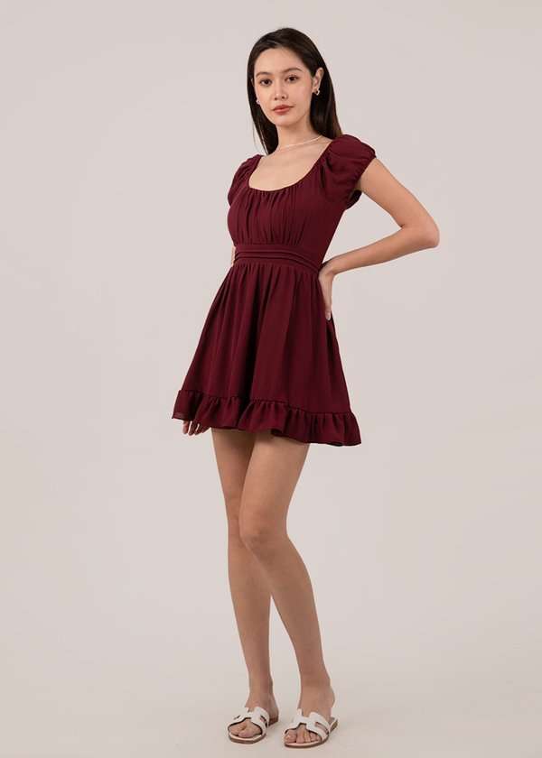 Calendar Girl Ruched Dress V2 in Wine Red