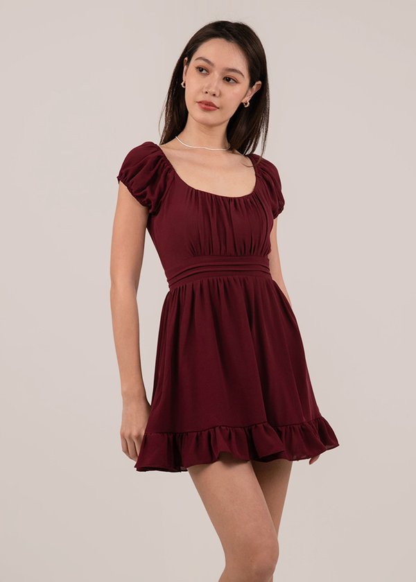 Calendar Girl Ruched Dress V2 in Wine Red