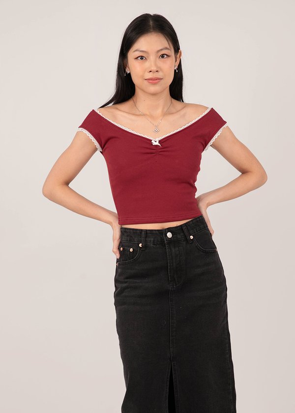 Lace Lover Colorblock Top in Dark Red